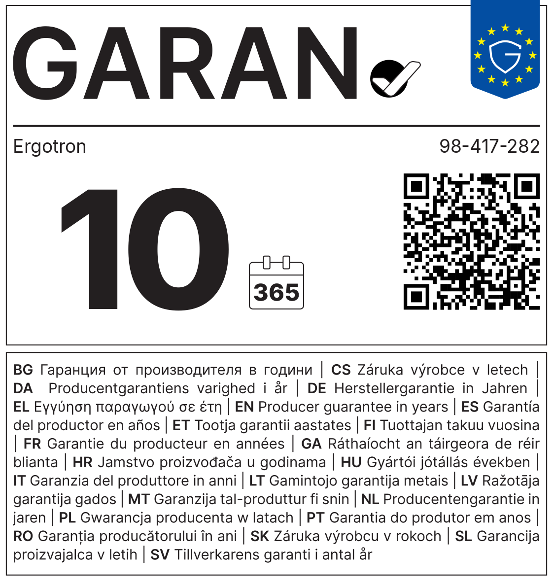 GARAN-Label: Herstellergarantie Ergotron 98-417-282