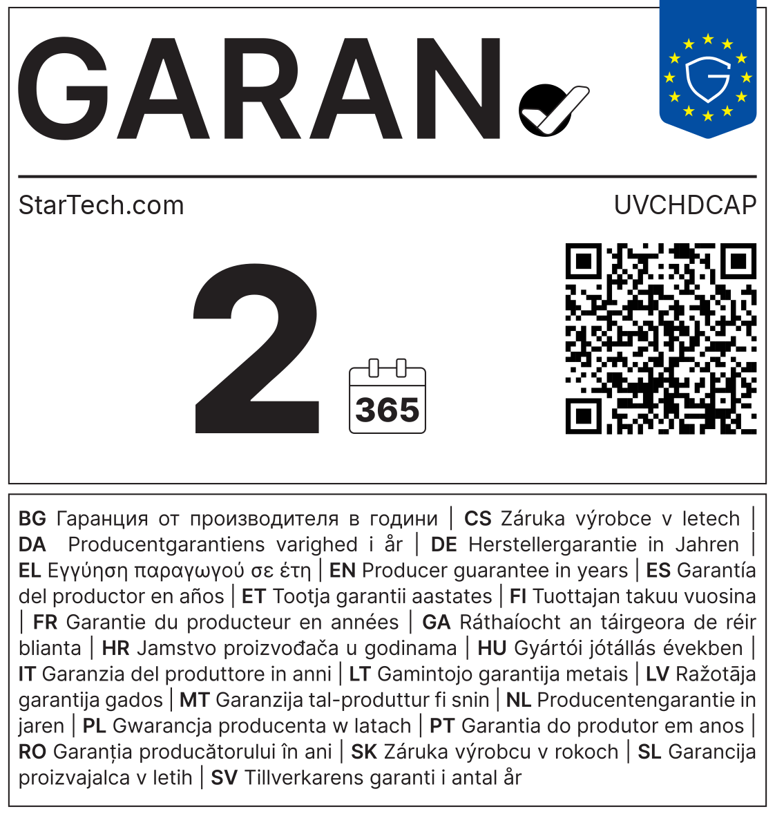 GARAN-Label: Herstellergarantie StarTech.com UVCHDCAP