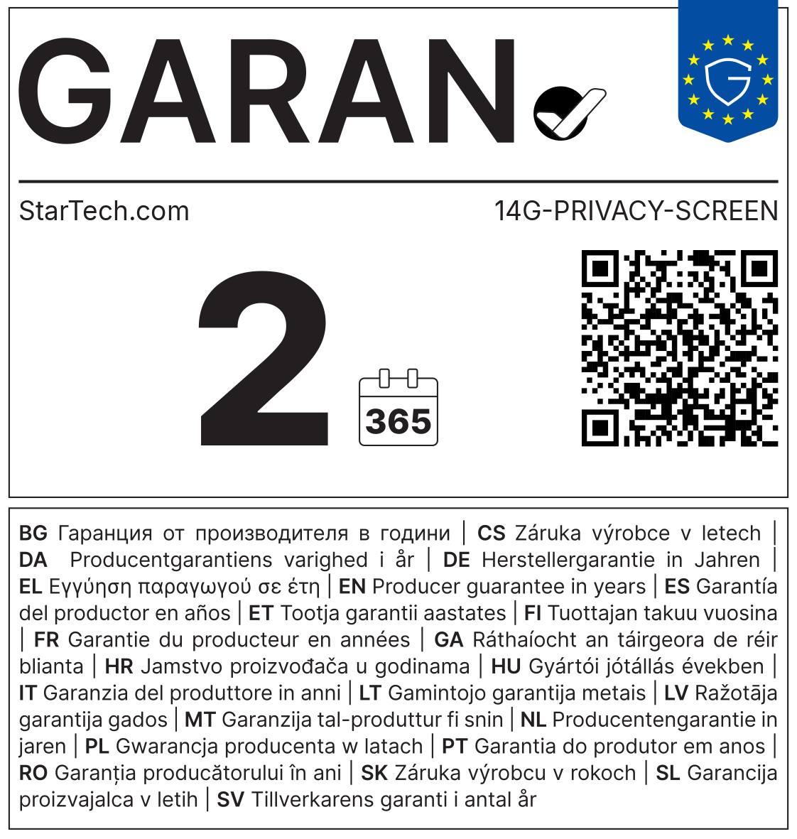 GARAN-Label: Herstellergarantie StarTech.com 14G-PRIVACY-SCREEN