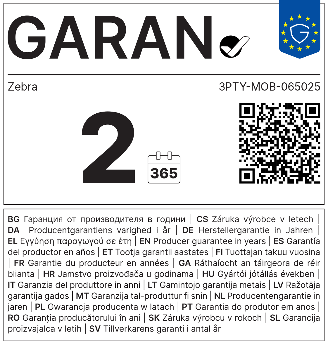 GARAN-Label: Herstellergarantie Zebra 3PTY-MOB-065025