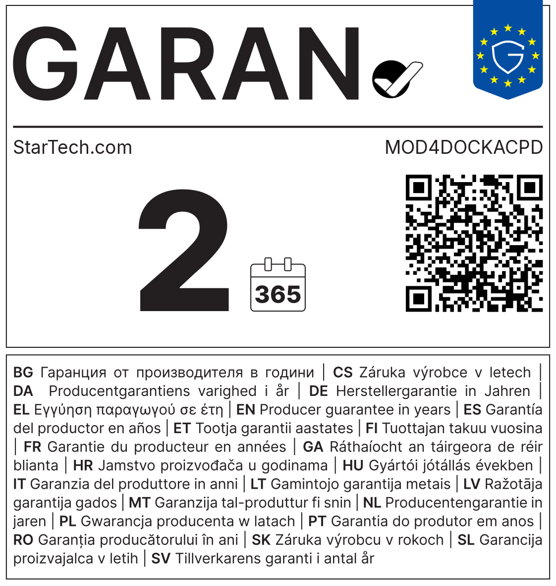 GARAN-Label: Herstellergarantie StarTech.com MOD4DOCKACPD