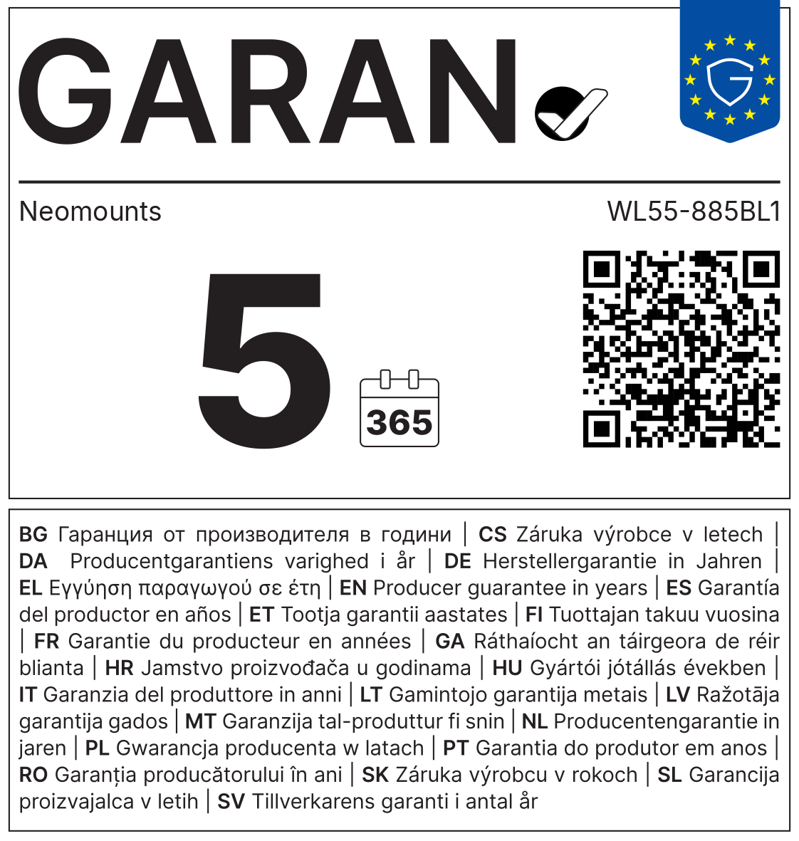 GARAN-Label: Herstellergarantie Neomounts WL55-885BL1