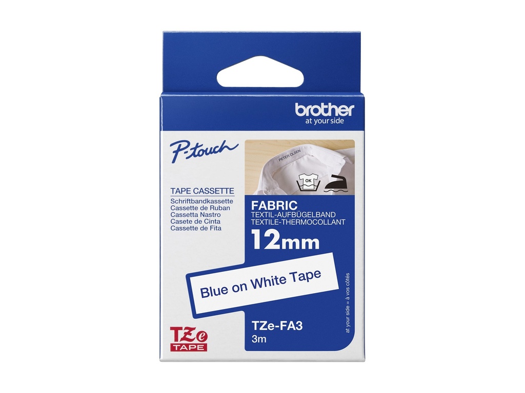 Brother TZe-FA3 - Gewebe - Klebstoff - blau auf weiß - Rolle (1,2 cm x 3 m)