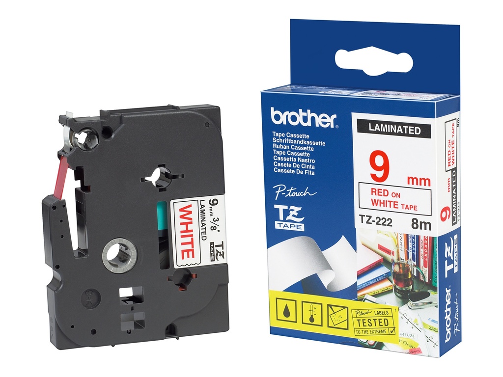 Brother TZ222 - Rot auf Weiß - Rolle (0,9 cm x 8 m) laminiertes Band