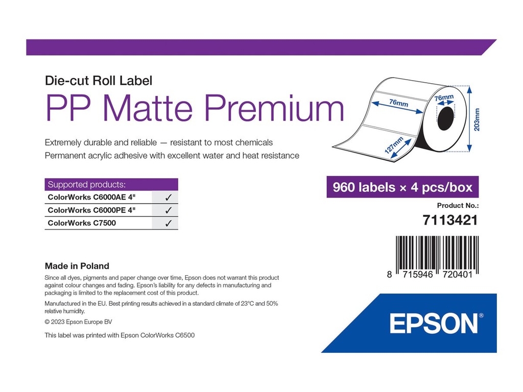 Epson Premium - Polypropylen (PP) - matt - permanenter Acrylklebstoff - 76 x 127 mm 3840 Etikett(en) (4 Rolle(n)