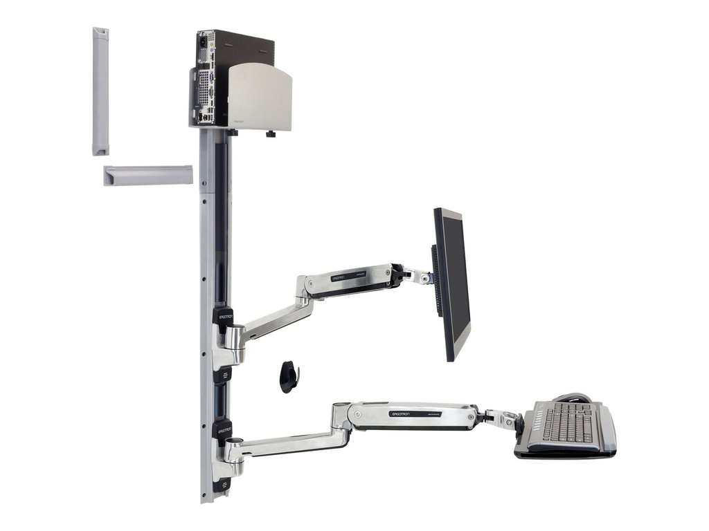 Ergotron LX - Befestigungskit (CPU-Halter, Maushalterung, 2 Schienenabdeckungen, Tastaturarm, 2 Kabelkanäle, Handgelenkkissen, Steh-Sitz-Arm, Wandschiene 10", Wandschiene 34") - Konstante Krafttechnologie - für LCD-Display / PC-Ausrüstung - mittlerer CPU-Halter - Polished Aluminum - Bildschirmgröße: bis zu 106,7 cm (bis zu 42 Zoll)