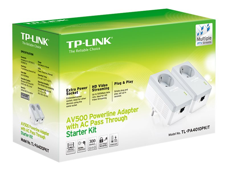 TP-LINK TL-PA4010PKIT AV500+ Powerline Kit with AC Pass Through - Powerline Adapterkit HomePlug AV (HPAV)