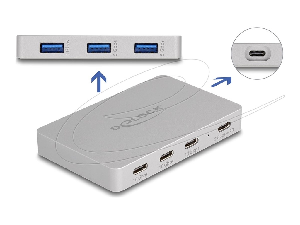[64279] Delock Hub - with Power Delivery 82 Watt - 3 x USB-C 3.2 Gen 2 + 3 x SuperSpeed USB + 1 x USB-C (Spannungsversorgung)
