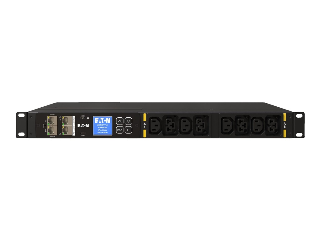 Eaton G4 - Stromverteilungseinheit (Rack - einbaufähig) - gemessener Eingang - Wechselstrom 100-240 V - 3.7 watt - 1-phasig - Ethernet 10/100/1000, serial - Eingabe, Eingang IEC 60320 C20 16A - Ausgangsanschlüsse: 8 (4 x IEC 60320 C13, 4 x IEC 60320 C39)