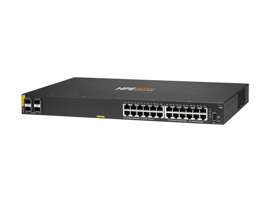 HPE Aruba 6100 24G Class4 PoE 4SFP+ - Switch - managed - 24 x 10/100/1000 + 4 x 1 Gigabit / 10 Gigabit SFP+ - Seite-zu-Seite-Luftstrom - an Rack montierbar - PoE+ (370 W)