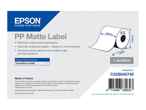 [C33S045745] Epson Matt - Rolle (22 cm x 750 m) 1 Rolle(n) Etikettenpapier - für ColorWorks CW-C4000E (BK)