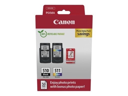 [2970B018] Canon PG-510/CL-511 Photo Paper Value Pack - Glänzend - 2er-Pack - Schwarz, Farbe (Cyan, Magenta, Gelb)