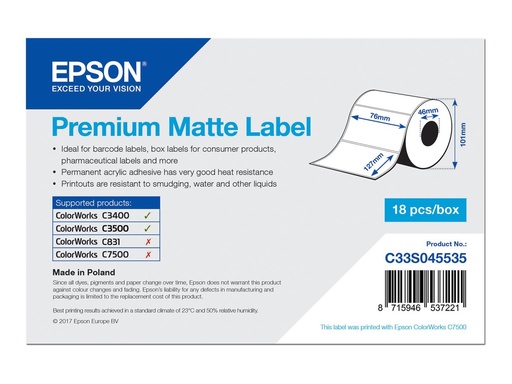 [C33S045535] Epson Premium - Matt - 76 x 127 mm 265 Etikett(en) (1 Rolle(n)