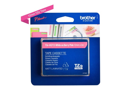 [TZEMQP35] Brother TZe-MQP35 - Standard-Klebstoff - Weiß auf Berry Pink - Rolle (1,2 cm x 5 m)