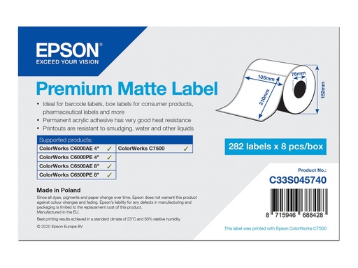 [C33S045740] Epson Premium - Matt - permanenter Acrylklebstoff - hochweiß - 105 x 210 mm 2256 Etikett(en) (8 Rolle(n)