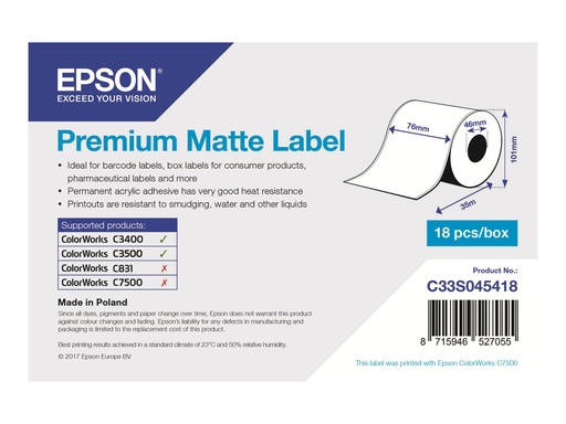 [C33S045418] Epson Premium - Matt - Rolle (7,6 cm x 35 m) 1 Rolle(n) Etiketten-Endlospapier - für Epson TM-C3400-LT; ColorWorks CW-C4000E (BK)