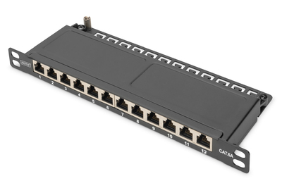 [DN-91612S-SL-EA] DIGITUS CAT 6A Slim Patch Panel, geschirmt, 12-Port, 0,5 HE, 10", schwarz