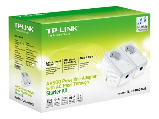 [TL-PA4010P KIT] TP-LINK TL-PA4010PKIT AV500+ Powerline Kit with AC Pass Through - Powerline Adapterkit HomePlug AV (HPAV)