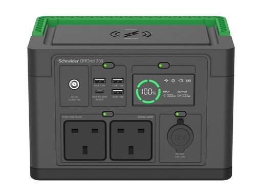 [PPS330-UK] APC Schneider OffGrid 330 - Tragbares kraftwerk - LCD, 2 BS1363-Steckdosen, Sinuswelle, 3 USB-A, 1 USB-C, drahtloses Ladegerät