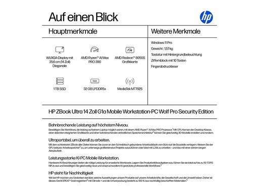 [A3ZQ0ET#ABD] HP ZBook Ultra G1a Mobile Workstation - AMD Ryzen AI Max Pro 390 - Win 11 Pro - Radeon 8050S - 32 GB RAM - 1 TB SSD NVMe, TLC - 35.6 cm (14")