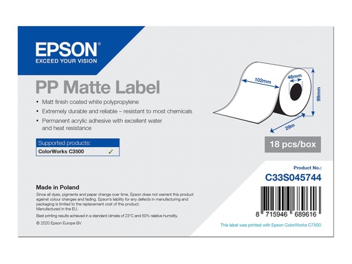 [C33S045744] Epson Matt - Rolle (10,2 cm x 29 m) 18 Rolle(n) Etikettenpapier - für ColorWorks CW-C4000E (BK)